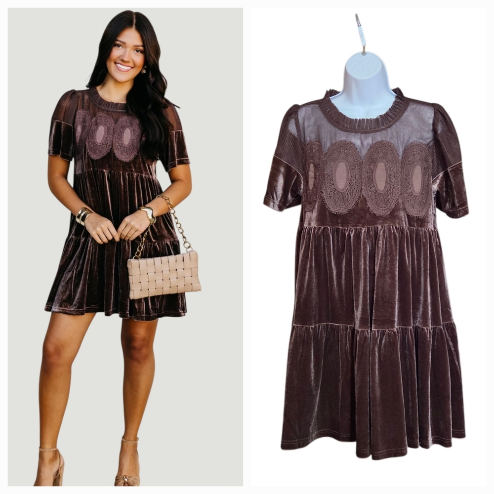 FATE Womens Dress Brown Velvet Mini Babydoll Mesh Chest Short Sleeves  BOHO Sz S